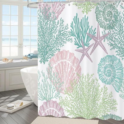 Nautical Coastal Shower Curtain, Pink Green Purple Ocean Beach Seashell Starfish Themed Bathroom Curtain Waterproof Fabric Machine Washable with Hooks, 72" Wx96 L