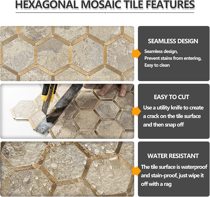 STICKGOO Hexagon Peel and Stick Backsplash Tile, Stick on Backsplash for Kitchen and Bathroom, Stone Beige PVC Mixed Metal Gold Self Adhesive Wall Tiles(10 Sheets, Seamless)