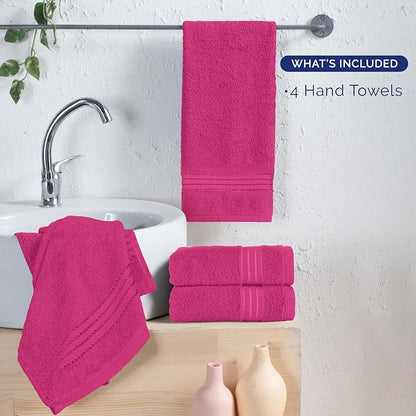 Elegant Comfort Premium Turkish Cotton 4 Pack Hand Towel Set - 16 x 28 inch, Luxurious Hotel Spa Quality 100% Turkish Cotton 4PC Hand Towel Set - Highly Absorbent - Soft Bathroom Towels, Hot Pink