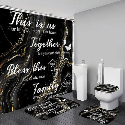 AZHM Family Shower Curtain Set Black Home Bathroom Set with Shower Curtain and Rugs and Accessories Marble Background Bathroom Decor with 12 Hooks