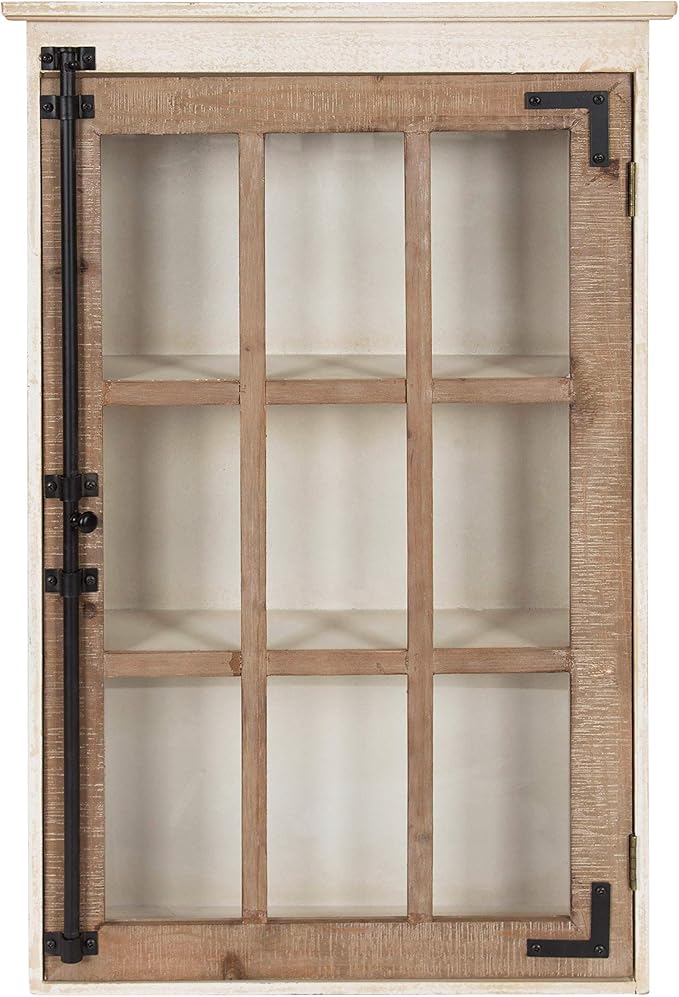 Kate and Laurel Hutchins Decorative Farmhouse Wood Wall Storage Cabinet with Window Pane Glass Door, Rustic and White