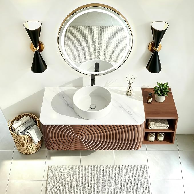 48 Inch Modern Bathroom Vanity with Ceramic Sink, Floating Bathroom Sink Cabinet with Sintered Stone Top&Solid Wood Hammered Frame, Single Bathroom Vanities w/Soft-Close Drawer&IDE Open Cube