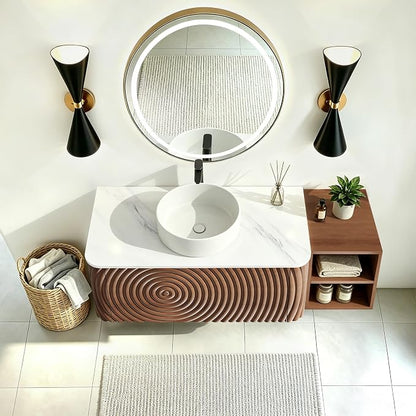 48" Floating Bathroom Vanity with Sink, Mid-Century Wall Mounted Bathroom Vanity Cabinet with Wood Waved Decor,Ceramic Vessel Basin and Sintered Stone Top, Soft Close Drawer, Side Open Cube