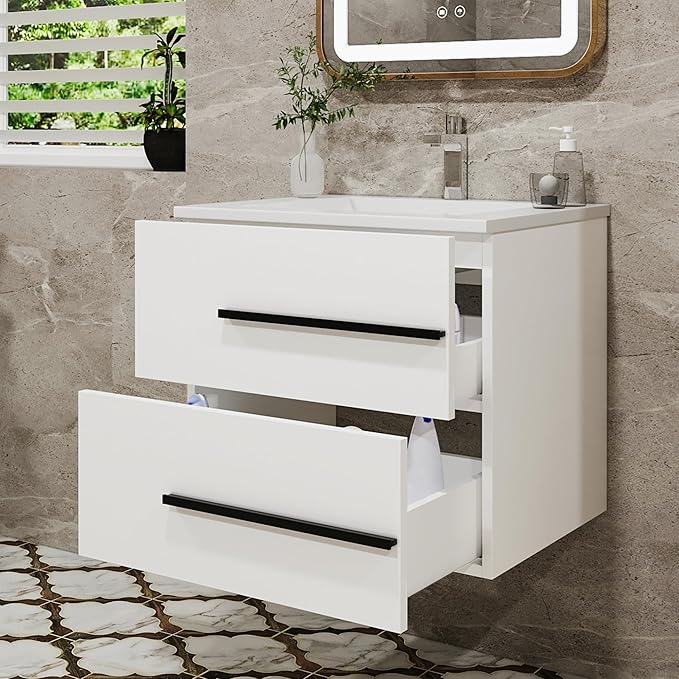 24 Inch Floating Bathroom Vanity with Sink, Fluted Drawers - Modern Wall Mounted Storage Cabinet, Black Handles & Soft-Close Drawers for Small Space Luxury(White with Sink, 24")
