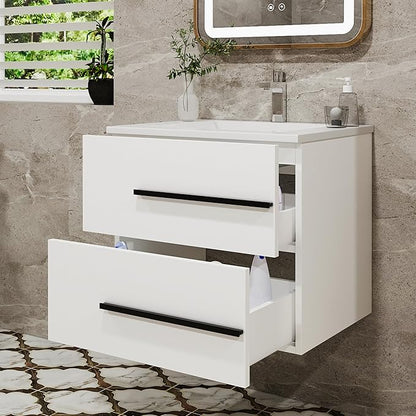 24 Inch Floating Bathroom Vanity with Sink, Fluted Drawers - Modern Wall Mounted Storage Cabinet, Black Handles & Soft-Close Drawers for Small Space Luxury(White with Sink, 24")