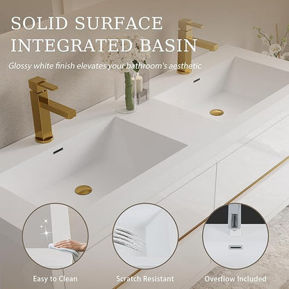 60" Floating Bathroom Vanity, Wall-Mounted Double Sink Vanity, Pre-Assembled Modern Floating Storage Cabinet with Stone Resin Countertop & Soft-Close Drawers, Glossy White