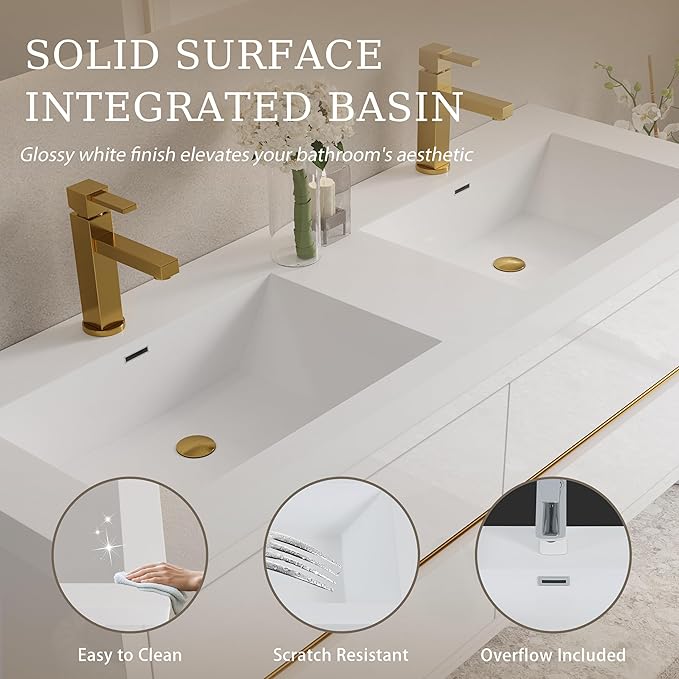 Abruzzo 60" Glossy White Wall-Mounted Bathroom Vanity with Double Sink – Stone Resin Countertop & Soft-Close Drawers, Waterproof Wood Cabinet for Small Bathrooms
