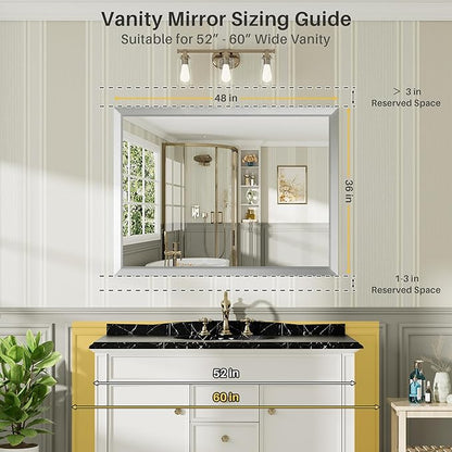 48x36 Inch Brushed Silver Bathroom Mirror for Wall, Thick Metal Framed Rectangle Mirrors for Over Sink, Bedroom, Living Room, Entryway, Anti-Rust, HD Tempered Glass
