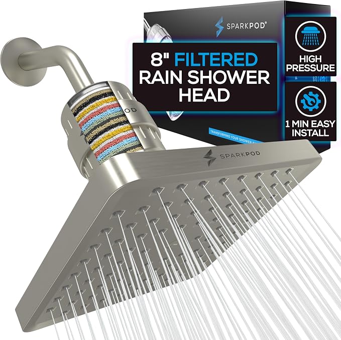 SparkPod Filtered Shower Head, 23-Stage, 8" Square, Brushed Nickel | Showerhead for Hard Water, High Pressure, Reduces Chlorine, Heavy Metals, For Dry Skin & Hair, Removable Capsule Filter