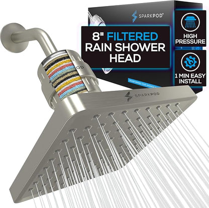 SparkPod Filtered Shower Head, 23-Stage, 8" Square, Brushed Nickel | Showerhead for Hard Water, High Pressure, Reduces Chlorine, Heavy Metals, For Dry Skin & Hair, Removable Capsule Filter