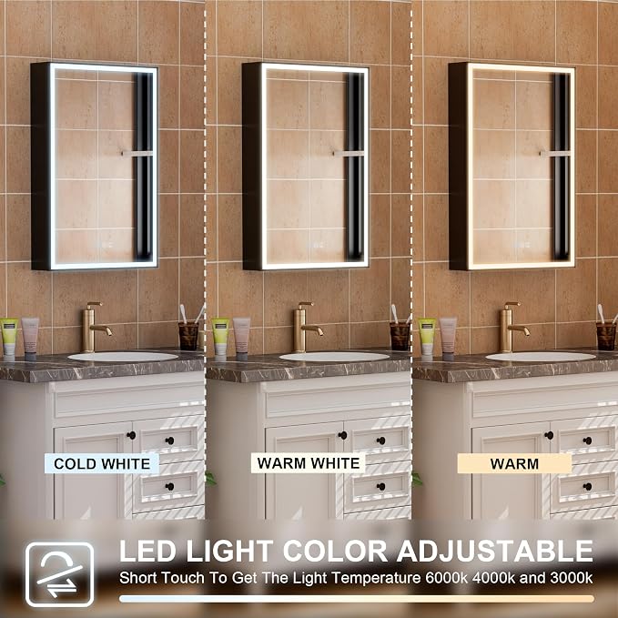 WELLFOR 20" X 30" LED Mirrored Medicine Cabinet, Medicine Cabinets with Lights for Bathroom, Defogging Function Mirror Cabinet, Bathroom Medicine Cabinet with USB Port & Outlet, Left Opening Doors