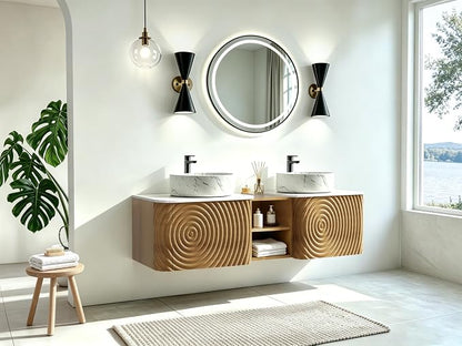 60" Floating Bathroom Vanity with Double Sink, Mid-Century Wall Mounted Bathroom Vanity Cabinet with Wood Waved Decor, Marble Ceramic Basin, Sintered Stone Top, Soft Close Drawer, Side Open Cube