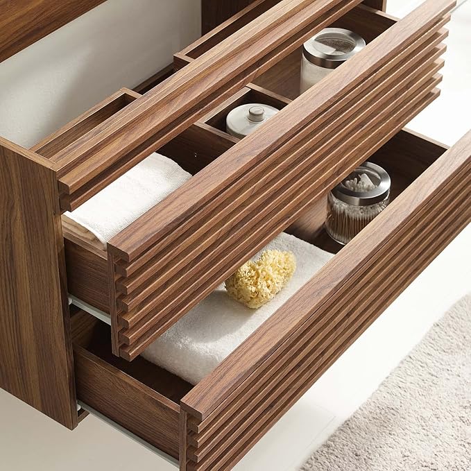 Modway Render 36" Wall-Mount Bathroom Vanity Cabinet in Walnut - Sink Basin Not Included