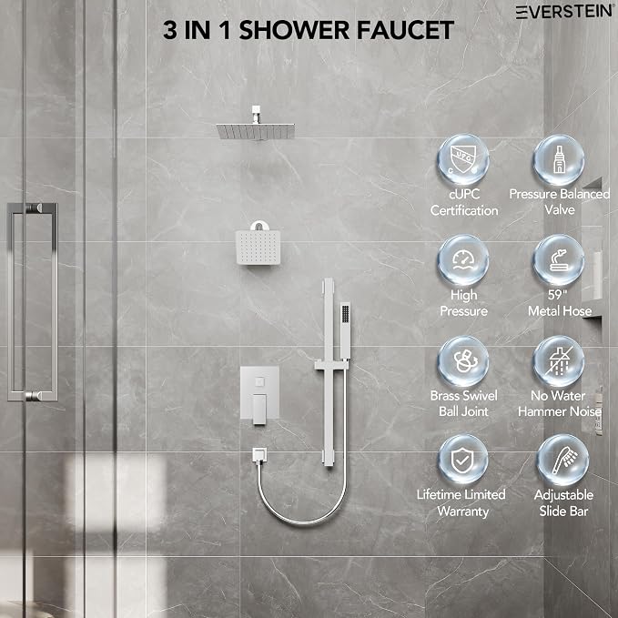 10" High-Pressure Rainfall Shower Faucet with Handheld Spray, Wall Mount Dual Shower Head System with Slide Bar (Polished Chrome)