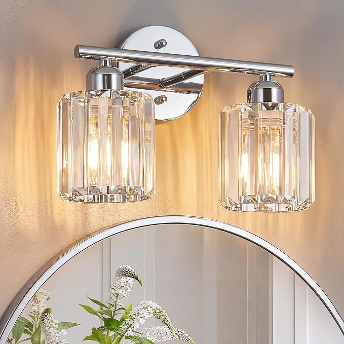 Modern 2 Light Crystal Vanity Light, Chrome Vertical Bathroom Light Fixture Over Mirror for Dressing Table Sink, Compatible with Dimmable Bulbs (Bulbs Not Included)