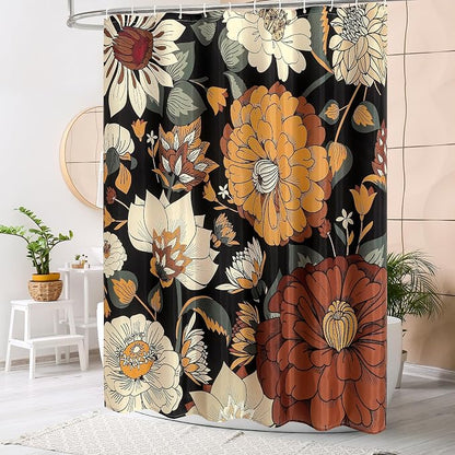 Boho Floral Shower Curtain, Retro Botanical Fabric Curtain, 72 x 84 | Boho Chic Floral, Vintage Botanical, Modern Farmhouse, Eclectic Rustic, Colorful Flowers, Fabric Shower Curtain
