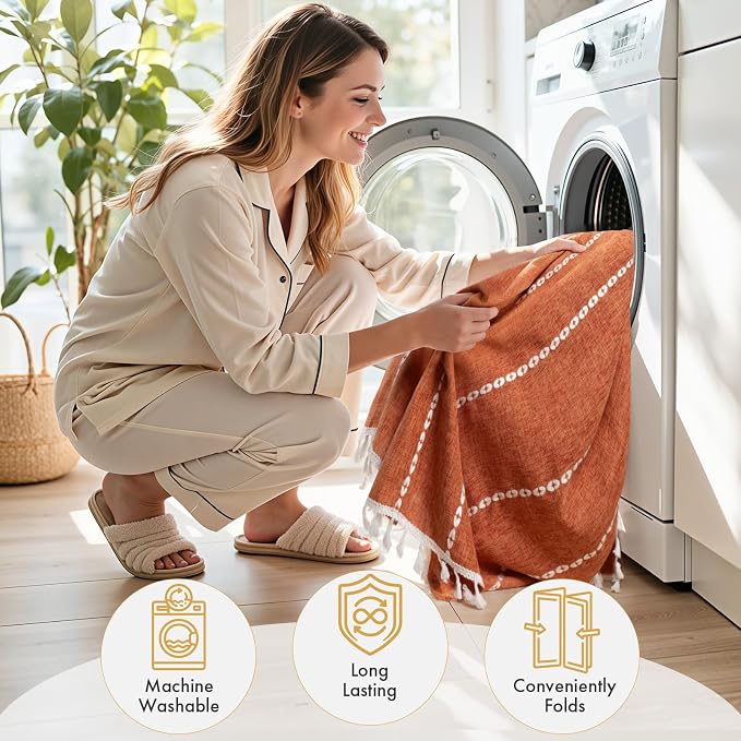 Bathway Farmhouse Shower Curtain Boho with Tassels, Linen Blend Heavy Duty Shower Curtain Set with 12 Metal Hooks, Vintage Rustic Fabric Curtain for Children Bathroom Window, 72x72 Inches, Fire Orange