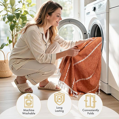 Bathway Farmhouse Shower Curtain Boho with Tassels, Linen Blend Heavy Duty Shower Curtain Set with 12 Metal Hooks, Vintage Rustic Fabric Curtain for Children Bathroom Window, 72x72 Inches, Fire Orange