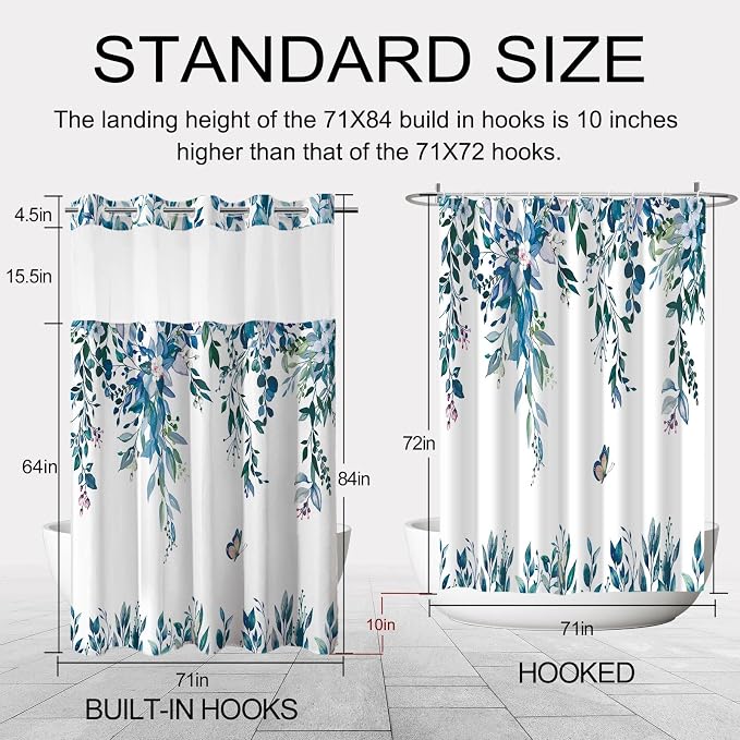 No Hook Shower Curtain and Liner Set, Dark Blue Eucalyptus 71x84 | Floral Design, with Snap in Liner, See-Through Top Window, Waterproof, Machine Washable, Quick-Drying, for Hotel Bathroom
