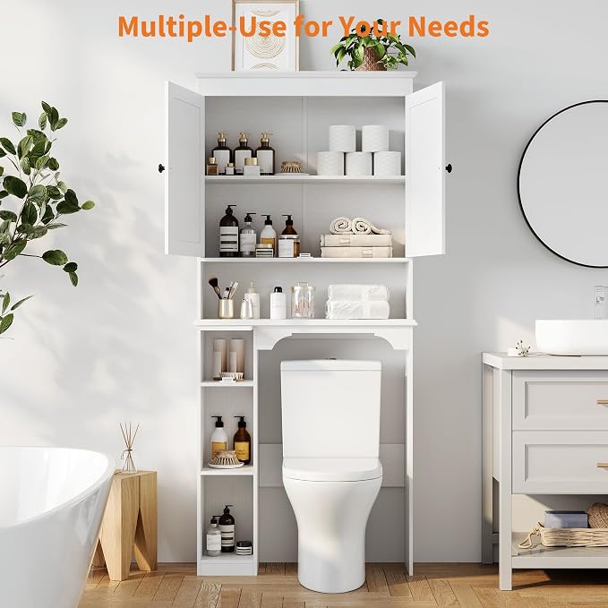 GarveeHome Over the Toilet Cabinet, Double Door Bathroom Storage Organizer, Toilet Rack with Open Storage Shelf, FreeStanding Toilet Shelf Space Saver, for Bathroom, Restroom, Laundry