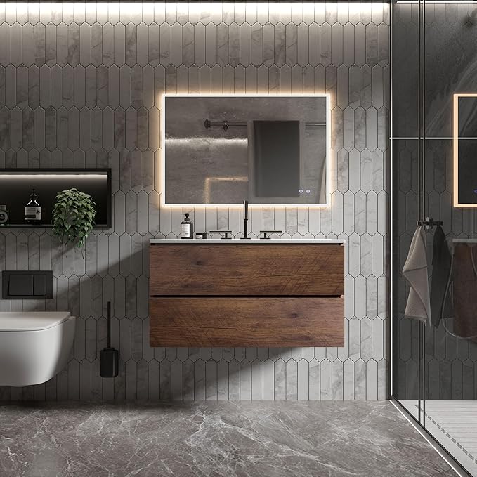 36" Bathroom Vanity with Sink, Modern Floating Vanity with Double Soft Closing Drawers, Large Storage for Small Space, Walnut, Fully Assembled - Iris Collection