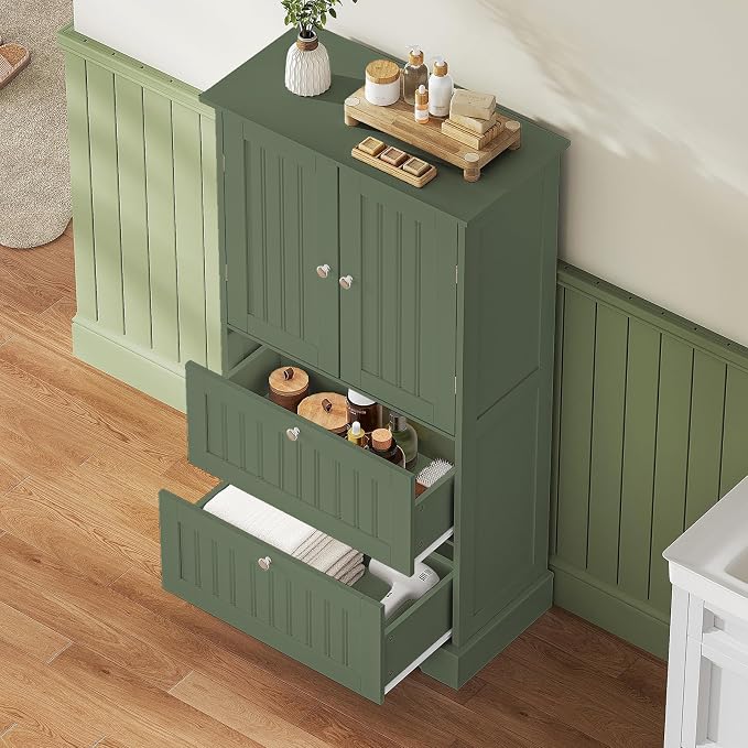 Treocho Bathroom Floor Cabinet with 2 Drawers and Adjustable Shelf | Bathroom Storage Cabinet, Freestanding Cupboard Pantry for Kitchen, Living Room, Dining Room, Green