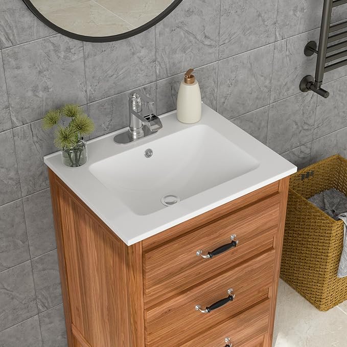 Lordear White Bathroom Sink One Hole Drop In 24 X 20 Inch One Holes Porcelain Ceramic Bathroom Vanity Top Sink Basin 24" Drop in Bathroom Sink