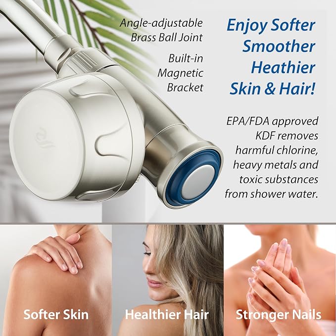 AquaCare Magneton 8-Mode High Pressure Handheld Shower Head w/Water Filter | Filters Chlorine & Toxins for Healthy Hair & Skin. Spaca-age Magnetic Docking, Hygienic Jets, Long 6 ft. Metal Hose / Nickel