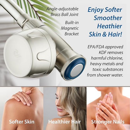 AquaCare Magneton 8-Mode High Pressure Handheld Shower Head w/Water Filter | Filters Chlorine & Toxins for Healthy Hair & Skin. Spaca-age Magnetic Docking, Hygienic Jets, Long 6 ft. Metal Hose / Nickel