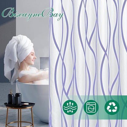 Fabric Modern Shower Curtain-Lavender & White Shower Curtains for Bathroom | 72"W x 72"L Textured Faux Linen Luxury Hotel Quality Washable-Abstract Wavy Cloth Bath Curtain-Apartment Minimalist Decor