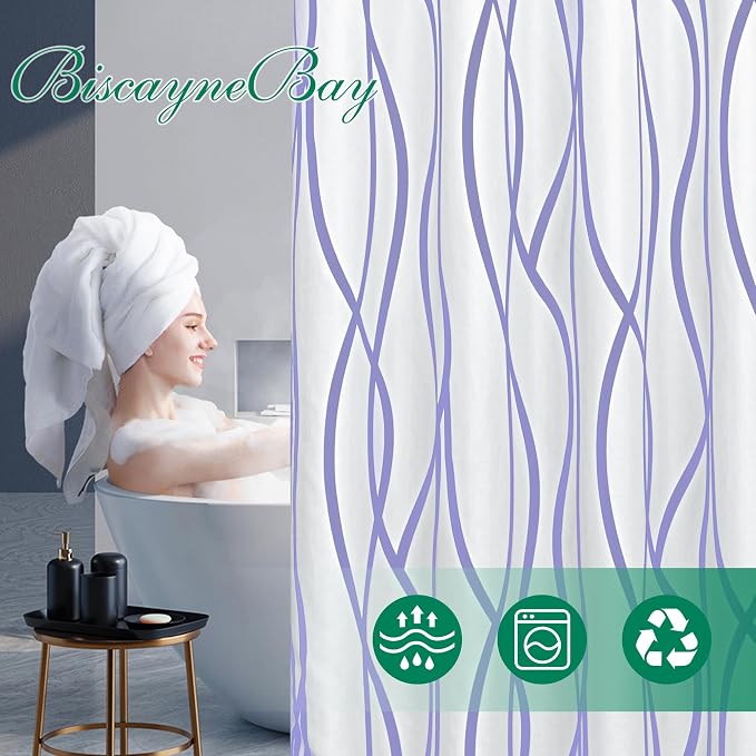 Fabric Modern Extra Long Shower Curtains for Bathroom-Lavender and White | 72"W x 84"L Textured Faux Linen Luxury Hotel Quality Washable-Abstract Wavy Cloth Bath Curtain-Apartment Minimalist Decor