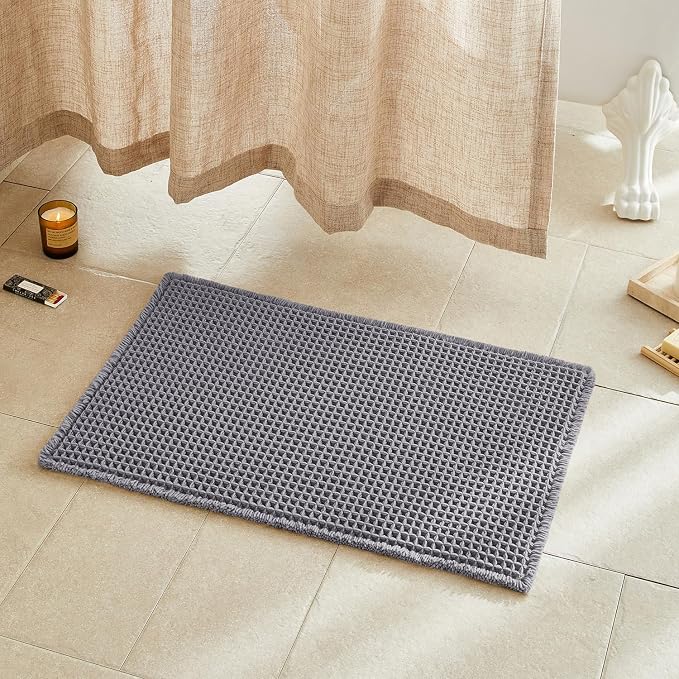 TYUU Waffle Bath Mat, Boho Bathroom Rugs Non Slip, 30x20 Grey | Super Absorbent Quick Dry Bath Rug, Non-Slip Backing, Soft Waffle Washable Farmhouse Bathroom Mats, Tub, Shower & Home Decor