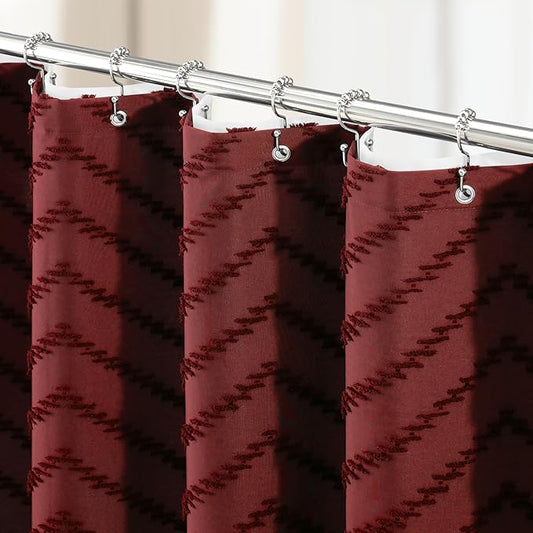 Dynamene Extra Long Shower Curtain and Liner Set - 84 inch Tall Boho Shower Curtain and Waterproof Clear Liner, Tufted Chevron Striped Tassel Shower Curtains for Bathroom, 12 Hooks, 72x84, Burgundy