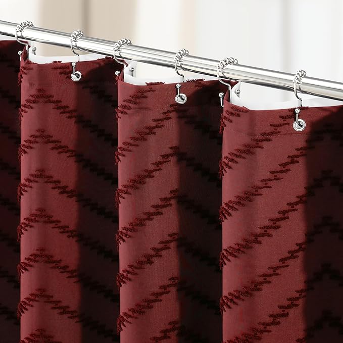 Dynamene Extra Long Shower Curtain and Liner Set - 96 inch Tall Boho Shower Curtain and Waterproof Clear Liner, Tufted Chevron Striped Tassel Shower Curtains for Bathroom, 12 Hooks, 72x96, Burgundy
