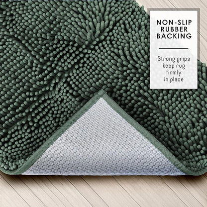 Hearth & Harbor Bathroom Rugs, Chenille Bath Mat - Machine Washable Bath Mats for Bathroom Non-Slip Backing Rubber, Quick Dry Bathroom Mat, 17 x 24 + 20 x 32 - Hunter Green