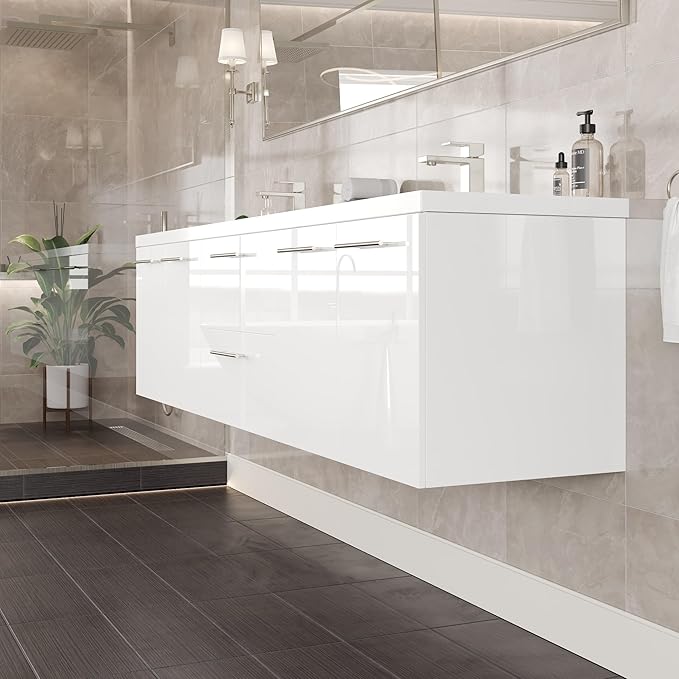 Eviva Lumina 84 in. White Wall Mount Double Sink Bath Vanity with Acrylic Top and Integrated Sinks