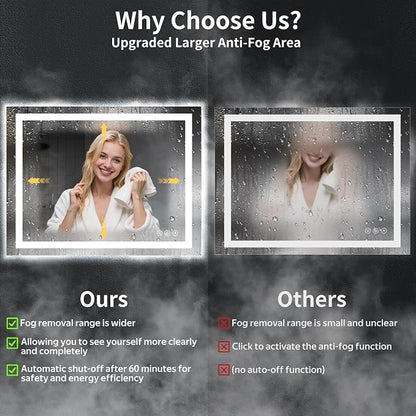 30"x42" LED Bathroom Mirror with Lights, Anti-Fog, Backlit+Frontlit | CRI 95, Stepless Dimmable, 3 Colors Lighting, Shatterproof Tempered Glass, HD Reflection, Memory, (Horizontal/Vertical)