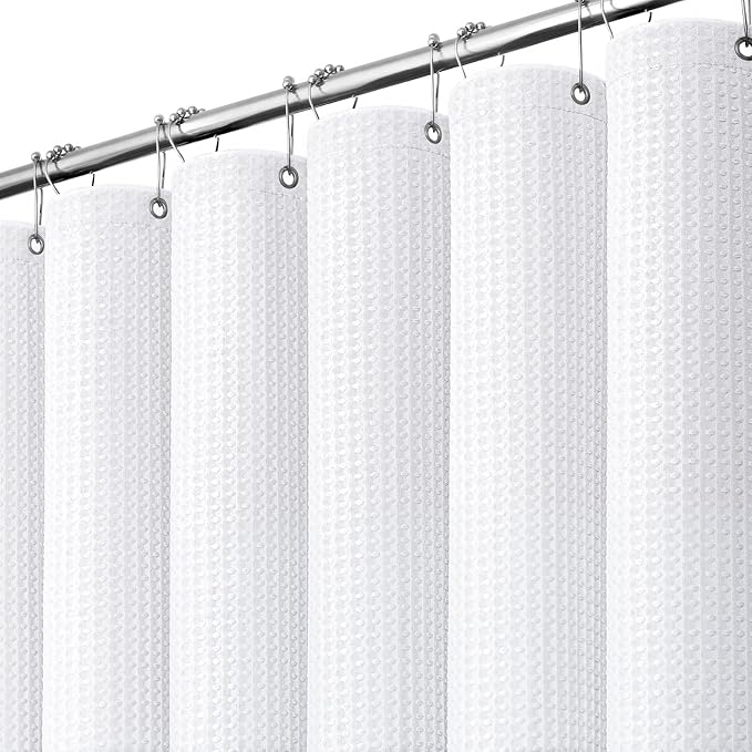 Stall Waffle Shower Curtain 256 GSM Heavy Fabric 60x72 White | 60 Inch Wide, Thick Cloth, Weighted Hem, Water Repellent, Hotel Luxury Polyester Shower Curtain Set for Bathroom 10 Hooks