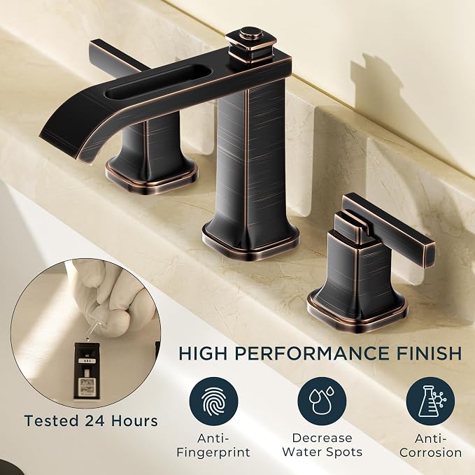 FORIOUS Bathroom Faucet 3 Hole Widespread Sink Faucets Oil Rubbed Bronze | 3-hole 4-12 Inch Widespread Sink, Square Waterfall Spout, with Drain and Hoses,for Vanity Rv Commercial Lavatory Restroom