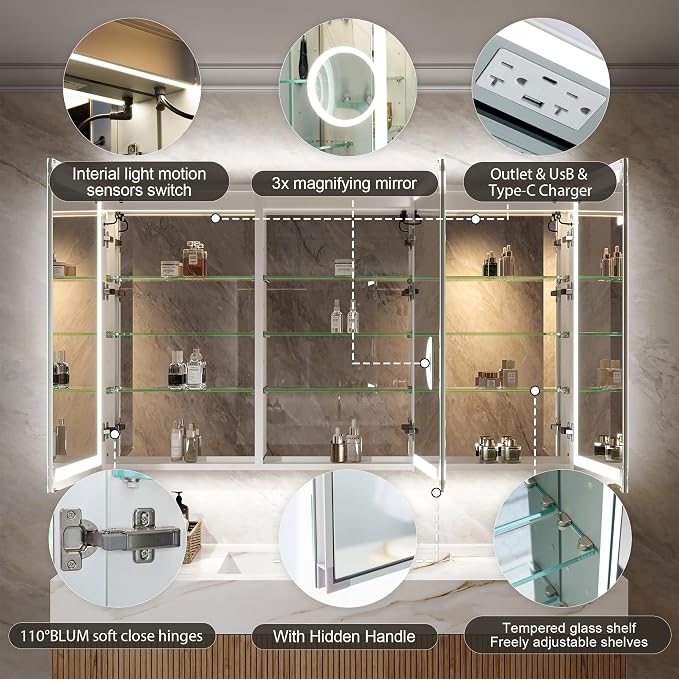 WELLFOR 60" X 36" Bathroom Mirror Medicine Cabinet with 3X Magnification Makeup Mirror, LED Mirrored Cabinet, Bathroom Storage Mirror Cabinet, Three Opening Doors, Recessed or Surface