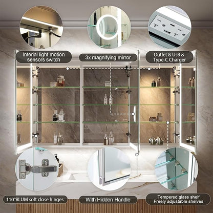 WELLFOR 60" X 36" Bathroom Mirror Medicine Cabinet with 3X Magnification Makeup Mirror, LED Mirrored Cabinet, Bathroom Storage Mirror Cabinet, Three Opening Doors, Recessed or Surface