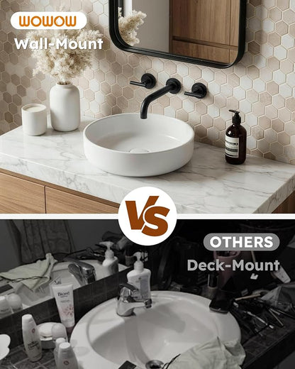WOWOW Matte Black Bathroom Faucet, 2 Handle Wall Mount Bathroom Faucet and Rough-in Brass Valve Included, Vessel Sink Faucet Wall Mounted 3 Holes Elegant Classic Spout