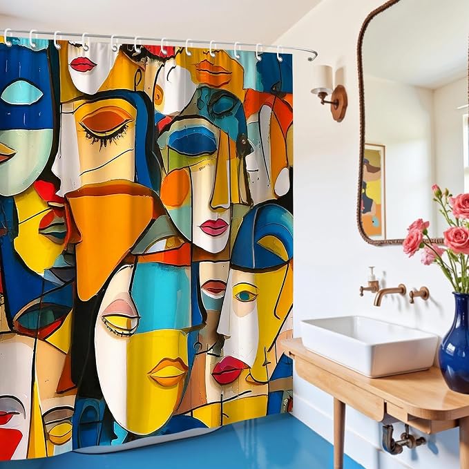 Colorful Modern Abstract Face Art Geometric Shower Curtain Set 72x72 Inches | Colorful Modern Abstract Face Geometric Art Print, Artistic Home Guest Housewarming Art Lover Bathroom Decor, With Hooks