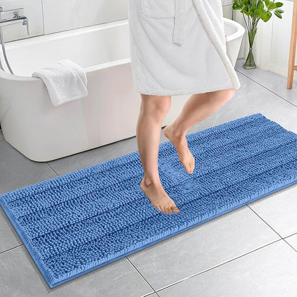 OLANLY Bathroom Runner Rugs 59x20, Soft Chenille Bath Rugs, Cornflower Blue | Rubber Backing, Machine Wash, Extra Absorbent Striped Bath Mats for Bathroom Floor, Tub and Shower, Home Decor Accessories