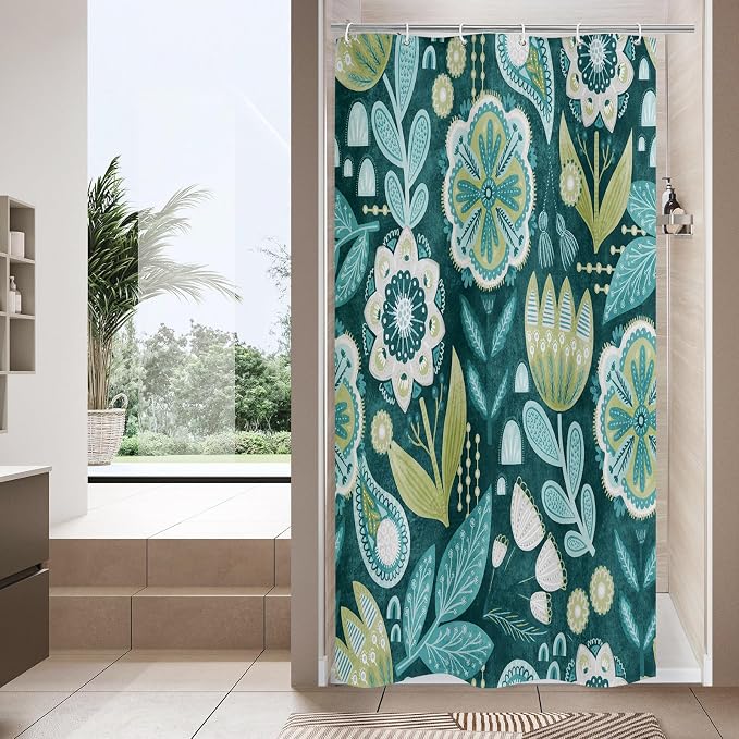 Boho Floral Shower Curtain, Deep Teal Botanical Fabric Curtain, 36 x 72 | Boho Chic Floral, Vintage Botanical, Modern Farmhouse, Eclectic Rustic, Colorful Flowers, Fabric Shower Curtain