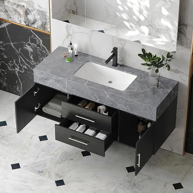 Bathroom Vanity with Sink 39.5" Floating Bathroom Vanity Sintered Stone Modern Bathroom Vanity Set, Black (Wall Mounted, Silver Handle)