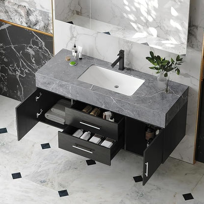 Bathroom Vanity with Sink 39.5" Floating Bathroom Vanity Sintered Stone Modern Bathroom Vanity Set, Black (Wall Mounted, Silver Handle)