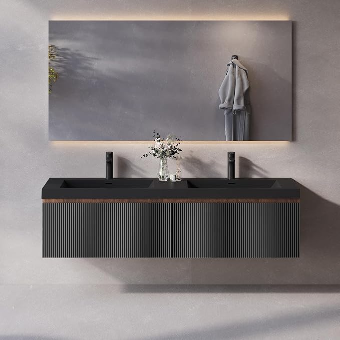 60'' Floating Bathroom Vanity with Sink Combo, Modern Wall-Mounted Striped Bathroom Storage Cabinet with Soft-Close Drawers and Double Quartz Sand Basins, No Assembly Required