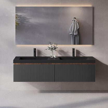 60'' Floating Bathroom Vanity with Sink Combo, Modern Wall-Mounted Striped Bathroom Storage Cabinet with Soft-Close Drawers and Double Quartz Sand Basins, No Assembly Required