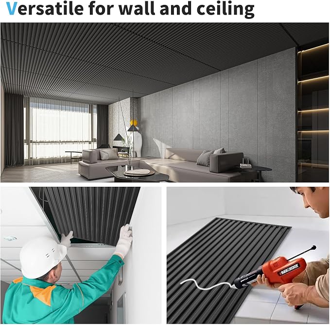 Art3d 6-Pack Slat Design 3D Wall Panels for Interior Wall Decor, 2x4 FT PVC Decorative Drop Ceiling Tiles - Black | 24" x 48" , Lightweight, Break-Proof, Compatible with Grid System, Ideal for Home, Commercial Spaces